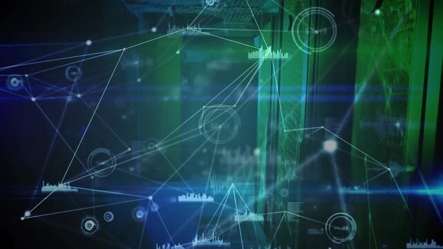 Network nodes fading in rack-lined corridor, lines forming bar charts and gauges showing activity