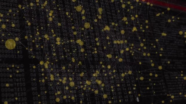 Starting yellow nodes floating, network clustering and rotating revealing binary and hex values