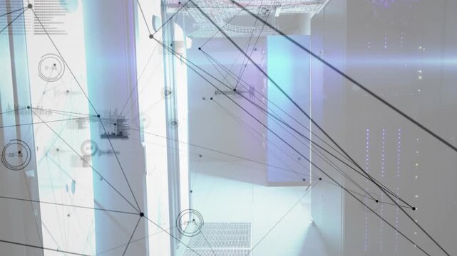 Camera moving forward starting network overlay animating across server racks visualizing data flow
