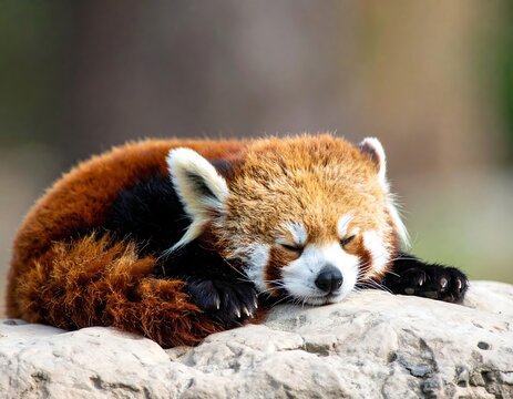 A sleeping red panda curled on a stone, showcasing its fluffy fur and closed eyes - Powered by Adobe