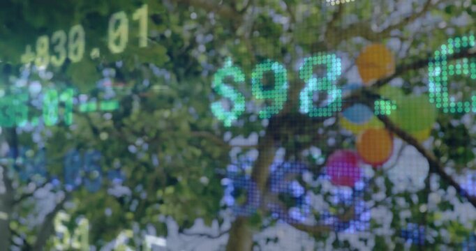 upon start camera showing flickering green data pulling back revealing lanterned tree merging tech