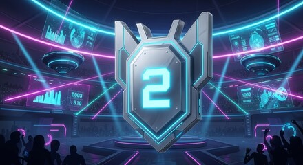 Futuristic Gaming Arena with Neon Lights and Digital Graphics