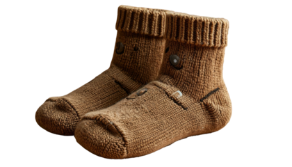 Two cozy, brown knit socks featuring simple, dark-stitched faces, resting against a dark background with soft lighting