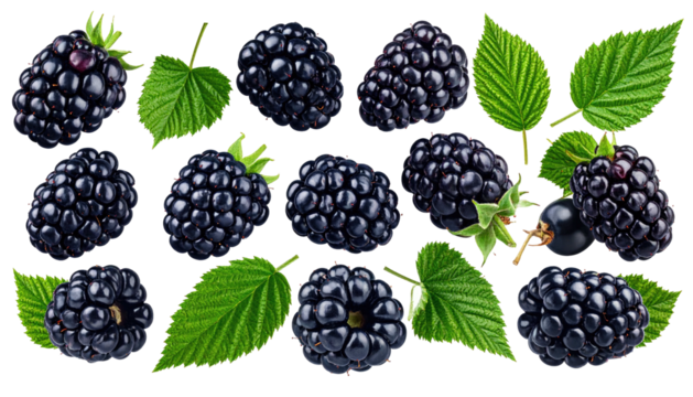 Glossy blackberries with green leaves scattered across a dark background, a mix of whole and partial fruits
