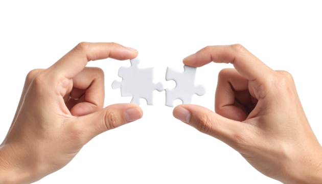 Two hands holding a single puzzle piece isolated on transparent background PNG