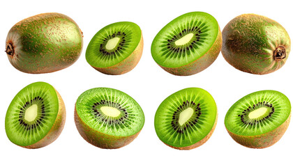 Fototapeta premium Symmetrical arrangement of kiwi fruits, both whole and halved, showcasing their vibrant green flesh against a dark background