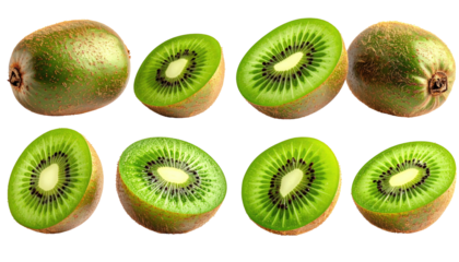 Symmetrical arrangement of kiwi fruits, both whole and halved, showcasing their vibrant green flesh against a dark background