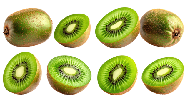 Symmetrical arrangement of kiwi fruits, both whole and halved, showcasing their vibrant green flesh against a dark background