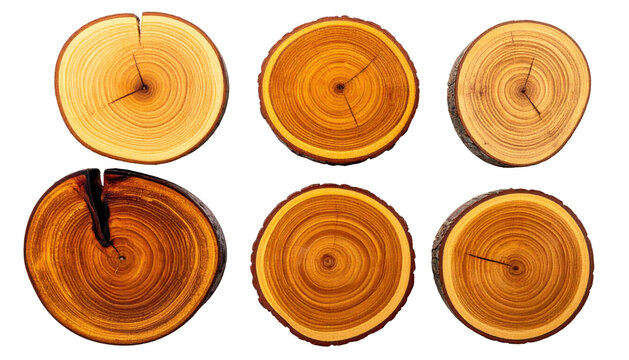Cross-sections of logs reveal growth rings, varying wood tones, and natural imperfections. Isolated against a black backdrop