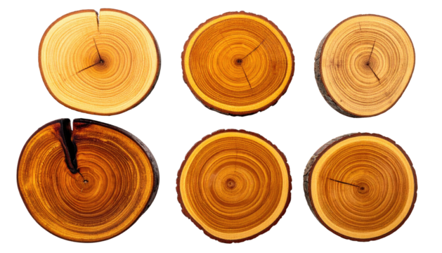 Cross-sections of logs reveal growth rings, varying wood tones, and natural imperfections. Isolated against a black backdrop