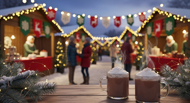Couples enjoying hot chocolate at festive Christmas market in winter  