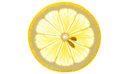 Translucent lemon slice with seeds, revealing inner detail on black background
