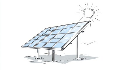 Vibrant photo of solar panel array with sun in a minimalist style isolated on white background