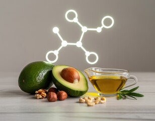 Ketogenic diet concept with sources of healthy fats. Avocado, nuts, and oil with a glowing molecule structure representing nutrition science