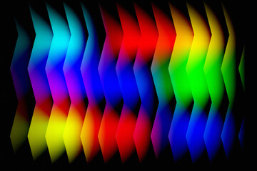 Multicolor Chevron Grid. Abstract Overlapping Arrows with Spectrum Gradient and Motion Depth. Modern futuristic texture suitable for tech design, wallpaper, cover, poster, banner, brochure, website