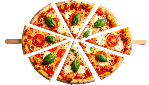 Delicious pizza, sliced, with mozzarella, tomatoes, and basil, on wood. Overhead view - Powered by Adobe