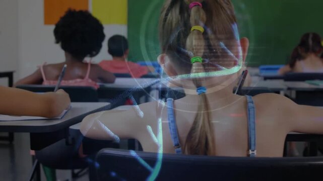 Teacher writing math on board causing blue swirl wrapping student turning challenge into evidence