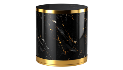 Black marble cylinder pedestal with golden accents isolated on transparent background PNG