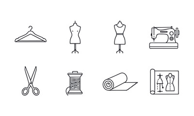 Set of textile and garment production icons such as sewing machines, rolls of fabric, mannequins, scissors, thread, measuring tape, and sewing equipment