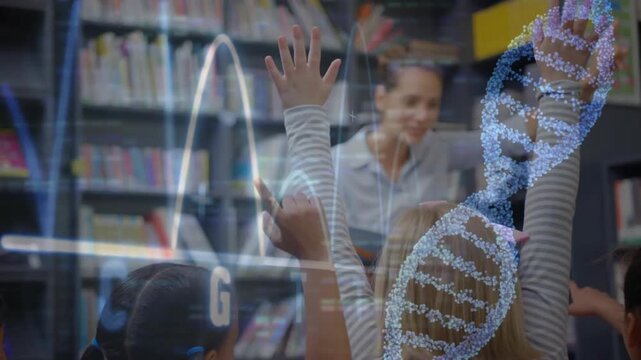 Female teacher asking question in library biology lesson, rotating DNA helix waveform guiding hands