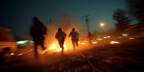 Fototapeta premium Silhouetted figures march down a dark road, illuminated by a distant fire. The dramatic scene evokes urgency, protest, and collective action.