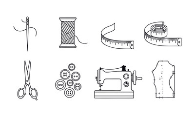 Set of textile and garment production icons such as sewing machines, rolls of fabric, mannequins, scissors, thread, measuring tape, and sewing equipment