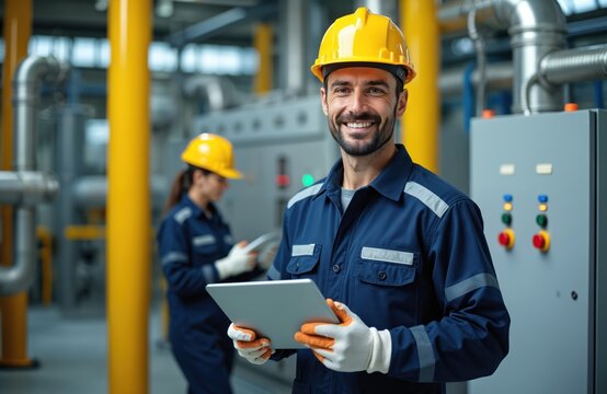 Smiling male engineer holds tablet. Wears hard hat, uniform in modern factory. Female colleague works with digital tech in background. Workers operate machinery, control production processes.