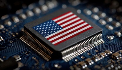 Vibrant photo of american flag on a microchip, symbolizing technology and national identity