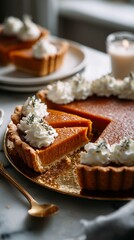 A close-up of a pumpkin pie slice with fresh whipped cream, perfect for holiday desserts and seasonal gatherings.