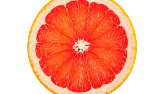 Isolated vibrant citrus slice. A cross-section exposing the fruit's ruby red pulp against a stark black background