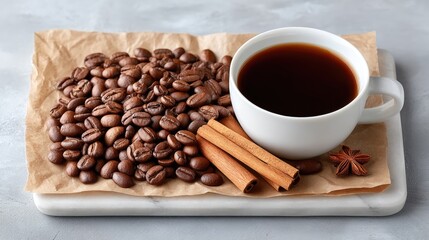 Fototapeta premium Aromatic Roasted Coffee Beans and Hot Black Coffee in a White Mug with Cinnamon Sticks and Star Anise on Kraft Paper Background