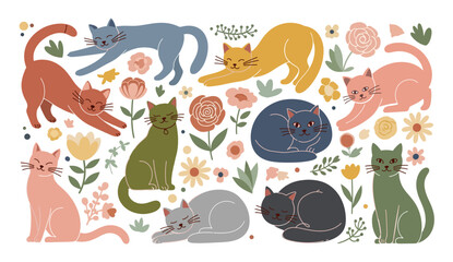 Fototapeta premium Colorful flat vector illustration of cute cats with flowers and leaves. Playful and modern design perfect for posters, textiles, stickers, greeting cards, and pet-themed projects.