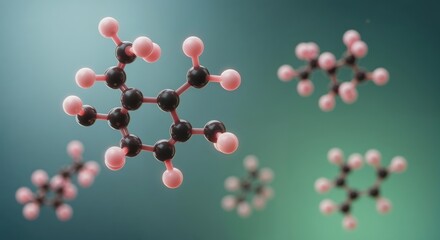 A 3D digital illustration of an ethylbenzene molecule. Scientific model showing atomic structure for organic chemistry research and education on a green background