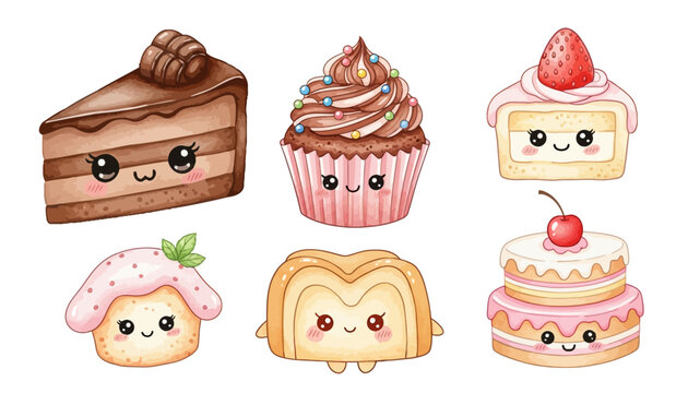 Cake and sweet dessert watercolor kawaii style. Adorable pastries with cute faces, ideal for kids illustration, food packaging, and cute cartoon design.