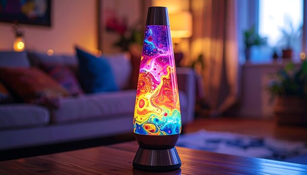 Colorful lava lamp on a wooden table creating a vibrant atmosphere. - Powered by Adobe