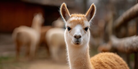 Cute young llama stands in focus at a farm with blurred llamas in the background