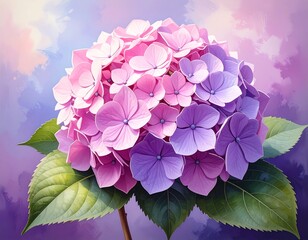 A vibrant watercolor painting of a hydrangea flower in shades of pink, purple, & green