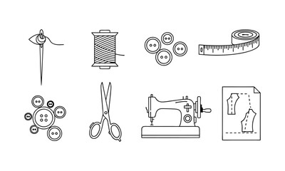 Set of textile and garment production icons such as sewing machines, rolls of fabric, mannequins, scissors, thread, measuring tape, and sewing equipment