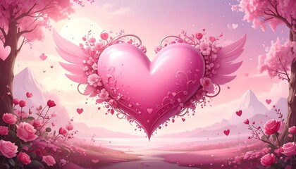 A vibrant pink heart with wings and floral accents floats amidst a dreamy, rosy landscape