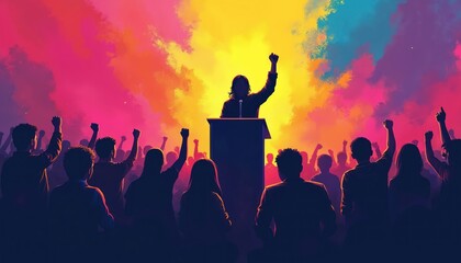 Fototapeta premium Speaker on stage raises fist to crowd. Many young people in audience also raise fists. Vibrant colorful background. Youth voter mobilization, political rally, public protest for empowerment. Shows