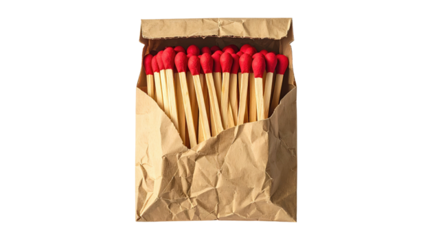 Matches with red tips in a brown crinkled paper bag, top view, against a black background