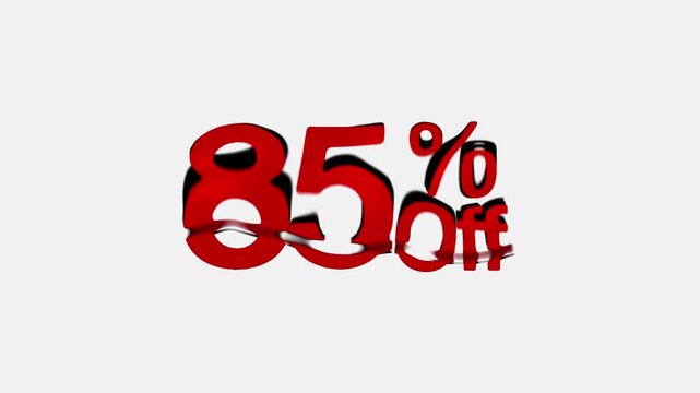 red 85% off word text seasonal discount festive sale offer sign symbol for shop Holiday Promotion on white background with transparent liquid flow effect, eighty five percent offer tag sales animation