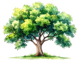 A vibrant watercolor painting of a large tree with lush green foliage and a sturdy trunk