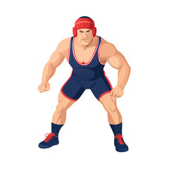 Obraz premium Aggressive Wrestler in Low Stance Ready to Attack Vector Cartoon
