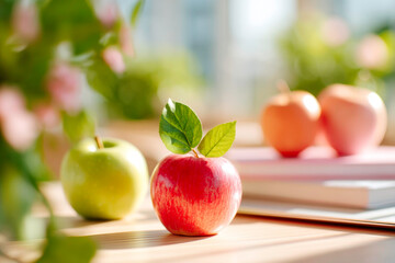 Apple books human skull and laptop on classroom table science education anatomy theme