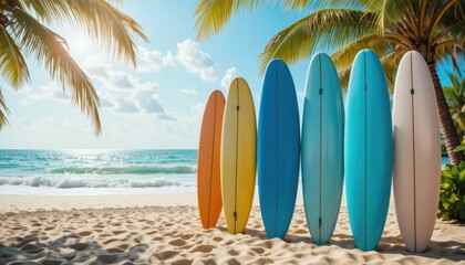 colorful surfboards standing in tropical beach sand with ocean in the background.