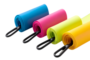 Four rolled up microfiber towels with carabiner clips isolated on transparent background