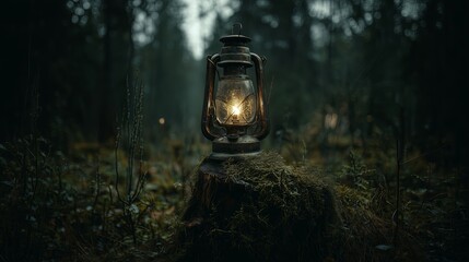 A vintage lantern sits on a mossy stump in a dark, misty forest. The warm glow contrasts with the eerie surroundings, evoking mystery and adventure.