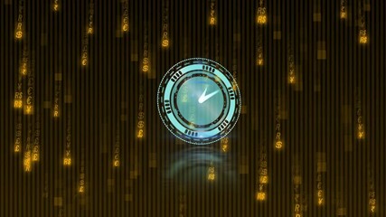 Futuristic clock popping center starting spinning rings falling currency rain showing finance flow - Powered by Adobe