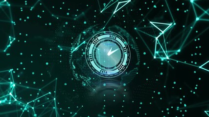 Turquoise fading dots around globe initiating digital clock forming with rotating network lines - Powered by Adobe